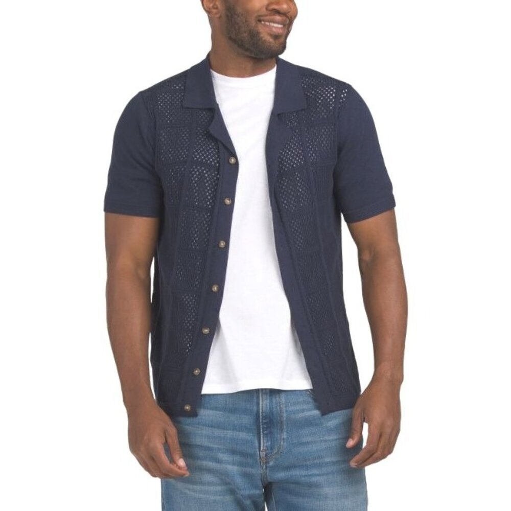Lucky Brand Mens Navy Blue Short Sleeve Button Front Sweater Knit Top Sz M New